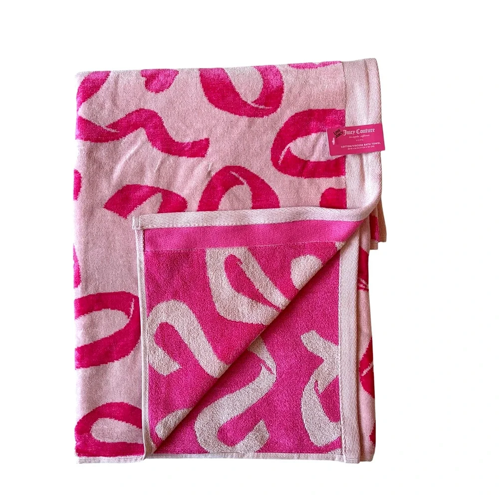 Juicy Couture Pink Bows Hearts Cotton Towel Set of 2 Coquette Bath 28x54 NEW